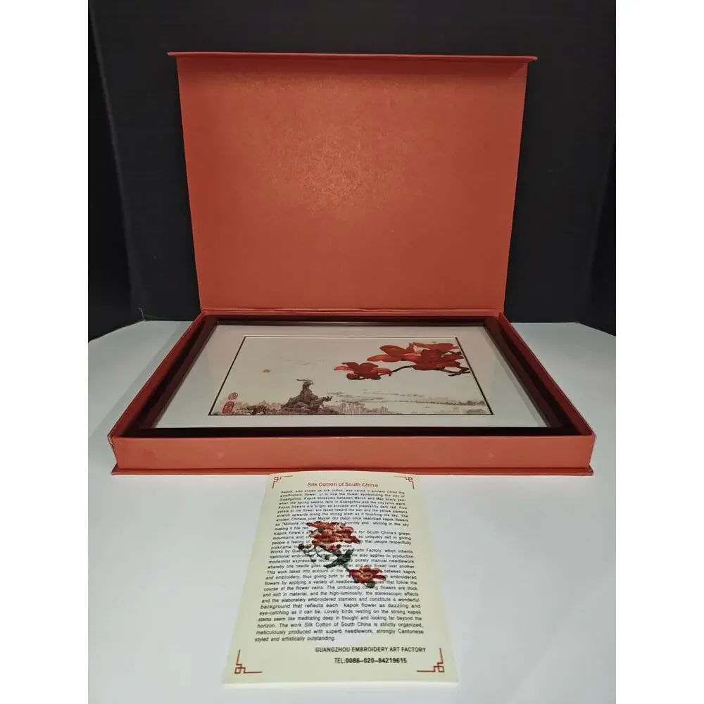 Cantonese Embroidery Kapok Silk Cotton Of South China Red Flowers Framed Decor